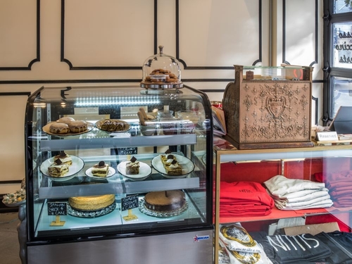 The pastry counter at the front of Nittis filled desserts